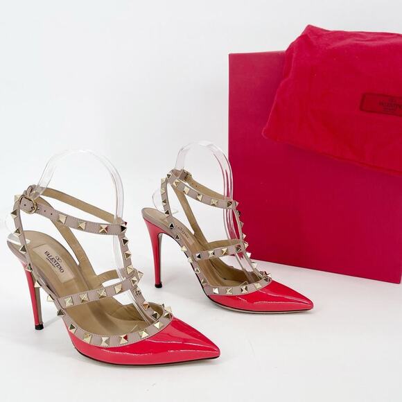 Valentino Garavani Coral Patent Leather Pointed Toe Rockstud Caged Heel EU 37.5 - Picture 1 of 16